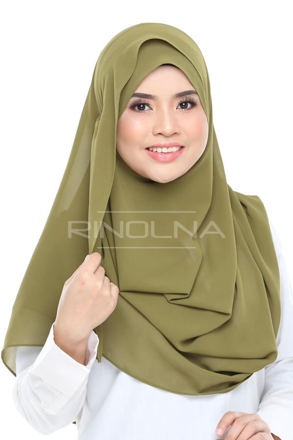 Instant Shawl Chiffon Georgette Pinless Dua Muka - Rania Olive Green